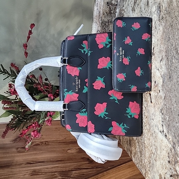 kate spade Handbags - KATE SPADE NEW YORK Madison Rose Toss Printed Medium Satchel W/ Matching Wallet